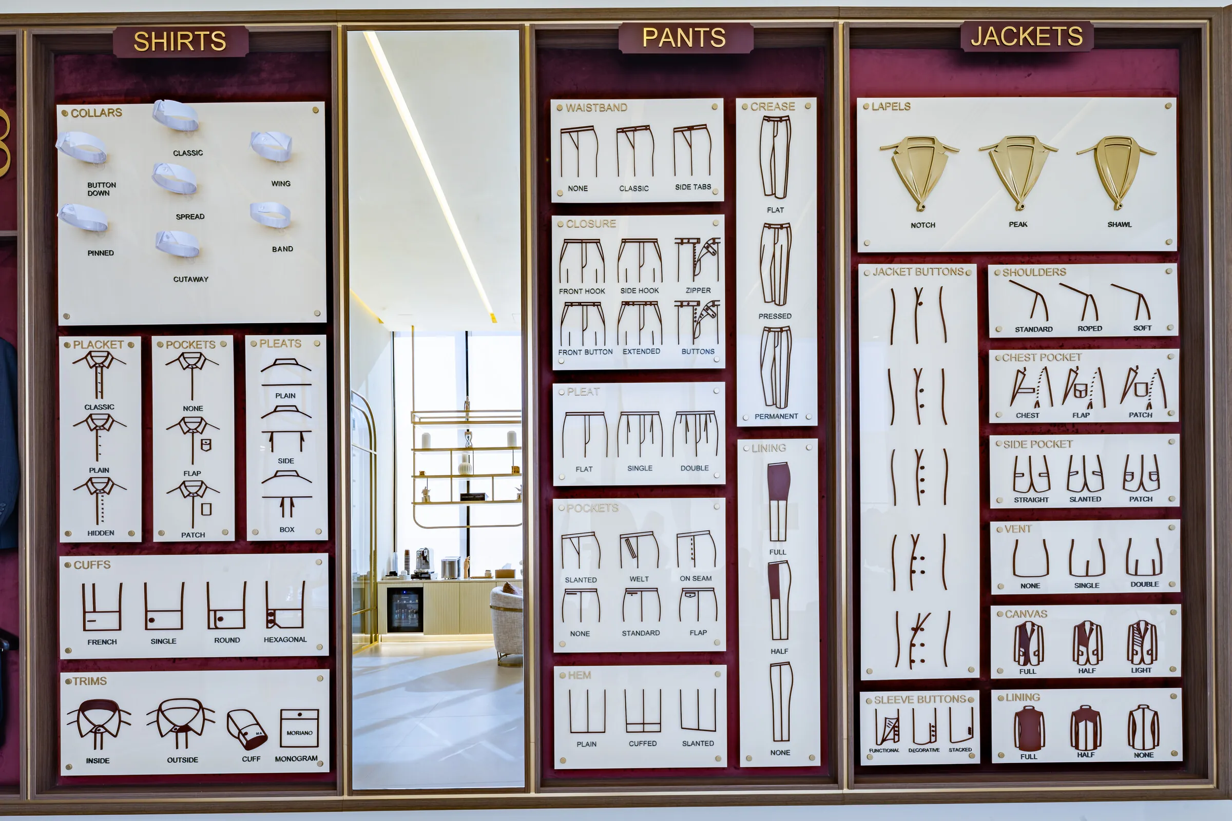 The MORIANO options wall: shirts, trousers and jackets